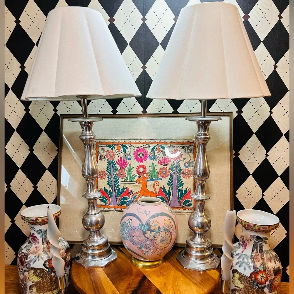 Luxury‎ Tall Silver Table Lamp Pair – Sculptural Bases with Scalloped Shades